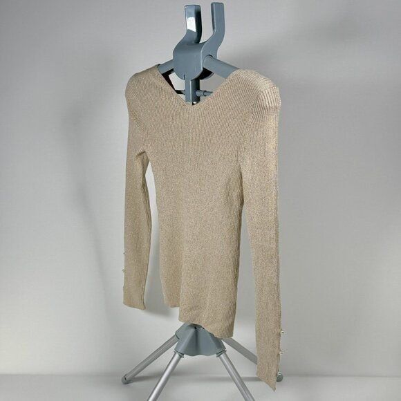 Ann Taylor Light Golden Metallic Sweater Top with Button Wrist Details - Picture 6 of 9